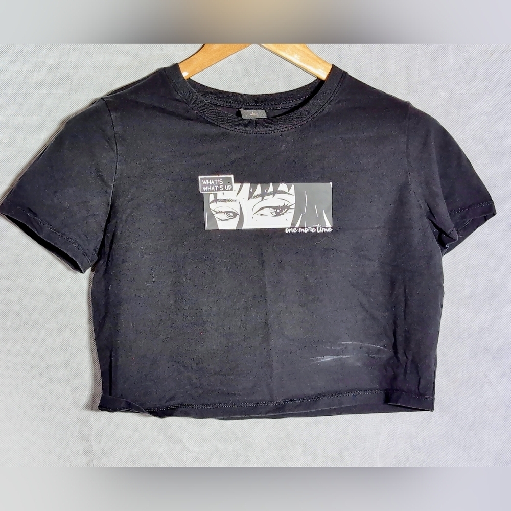 Yishion Y:2 Anime What's Up One More Time Sz L Black Graphic Crop Top
